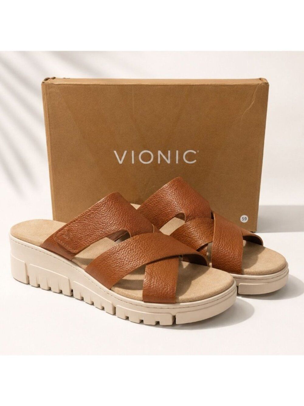 Vionic Uptown Sunset Supportive Wedge Slide Sandal Tan Brown Leather Women 13 M